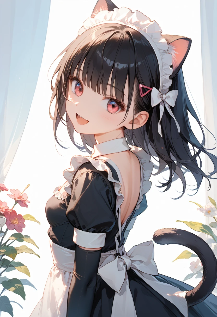 Score_9,Score_8_up,Score_7_up,highest quality anime,,masterpiece,1 girl,slim,small breasts,(Ideal slender proportions),(black_long_hair,straight_bangs,maid costume),(showing her cat tail),(view from back:1.2),happy