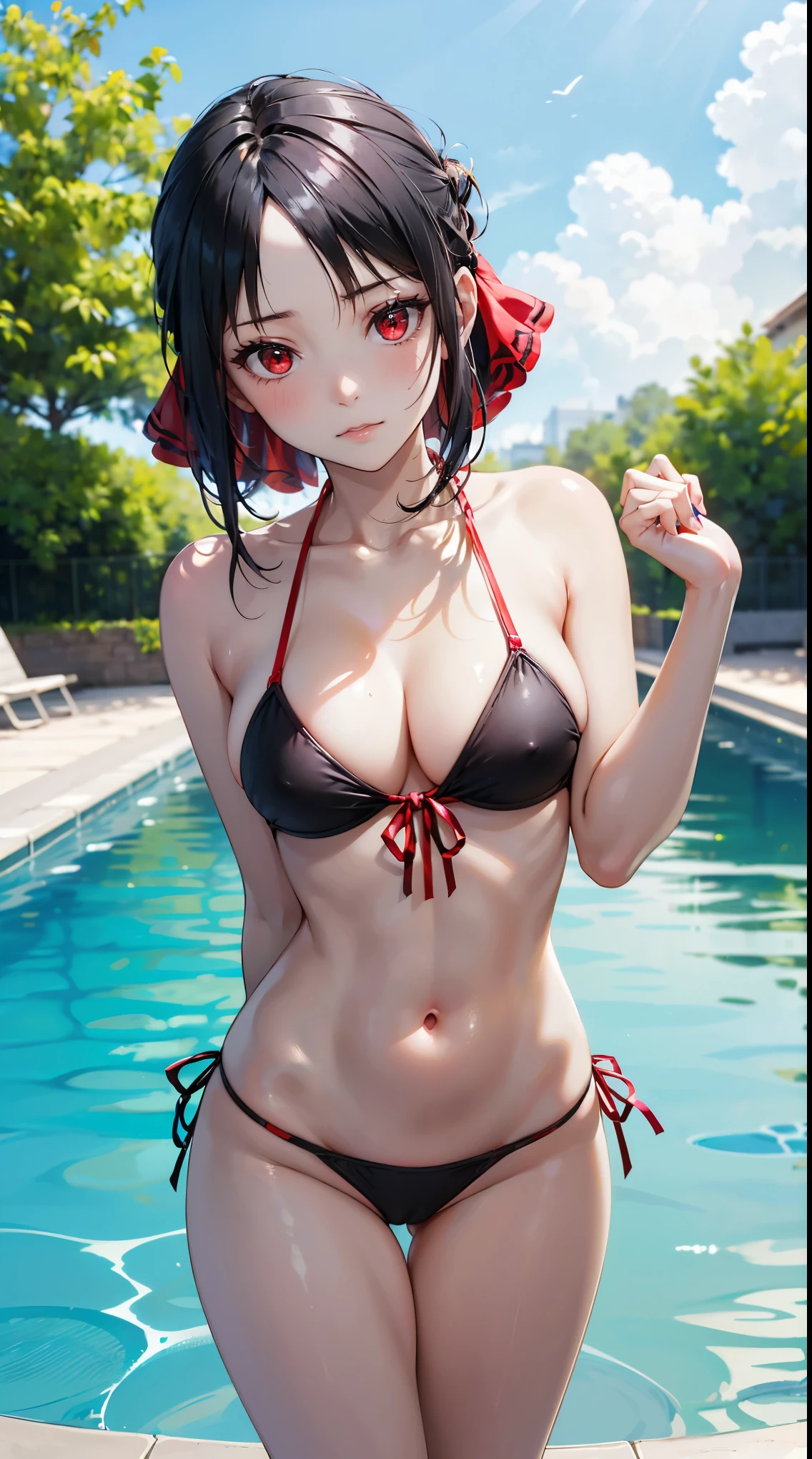 A beautiful black-haired girl is shown to have a slim figure, she is wearing a nsfw bikini, , red eyes, Girl standing by the pool sexy session , pose sexy, She showed off her cleavage, cowboy shot,  superior quality  , Many details, realistic (very low cut) ( long hair ) (tied hair) (red bow in her hair)