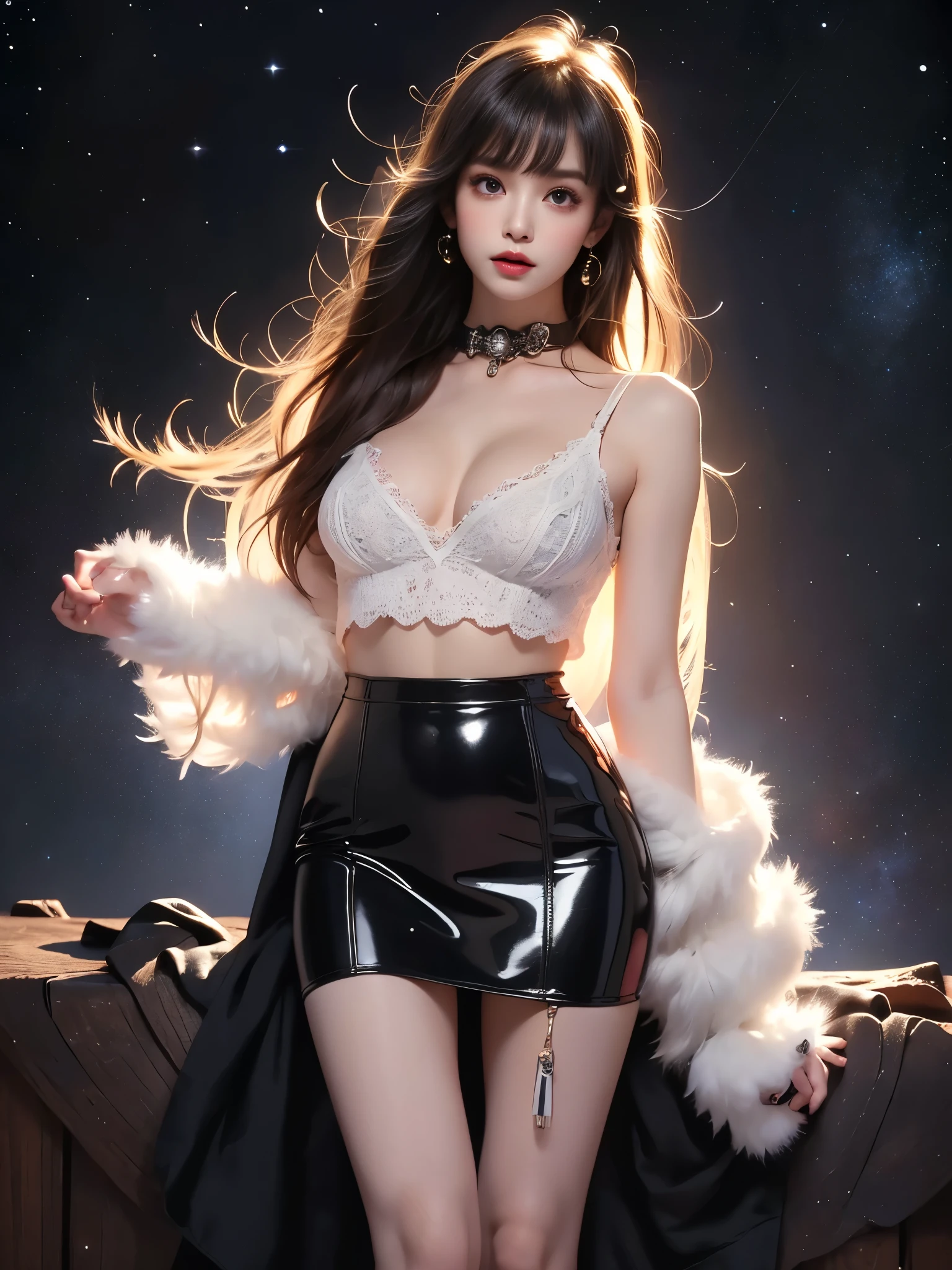 wh1t3,worn white sweater,black latex thighhighs,black skirt, black platform boots , ((full body)), ((Night, starry sky, space background)), ((Pose naturally and elegantly)), (Asian beauty:1.3), girl, solo, ((anatomically correct pose)), ((relaxed posture)), (very short hemline), (cute face), (toned body:1.2), (naturally large breasts:1.1), (visible cleavage:0.8), (smooth flawless skin:1.2), ((anatomically correct human legs)),  ((realistic leg joints and muscles)), ((proper leg proportions)),  (one hand in long flowing hair), (detailed facial features:1.2), (big bright eyes:1.1), (long eyelashes), charming smile, gentle expression, (professional studio lighting), (warm tones), (masterpiece:1.4), (best quality:1.3), (sharp focus:1.2), (photorealistic:1.2)