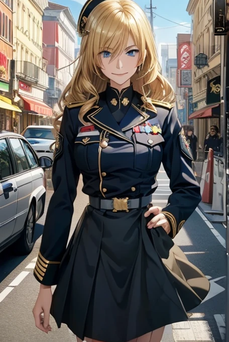 OfficerA, military uniform, skirt, SheikZ,smile,Gestapo,gold hair,blue eyes,curl hair