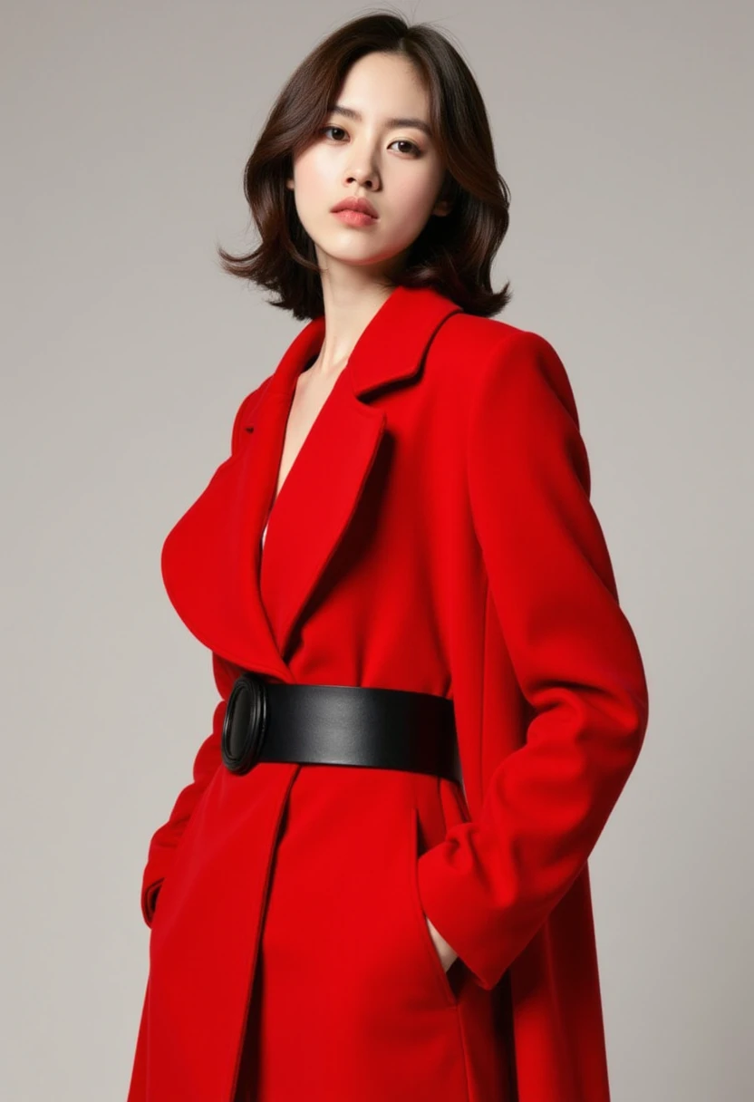 (((Masterpiece))), ((photography)), realistic, 8k,  an image of an elegant young woman wearing a long, bright red coat with a black leather belt at the waist. She has soft, loosely styled hair, with a calm and poised expression. The background is light gray, emphasizing the vivid color of the coat and the sophistication of her look.