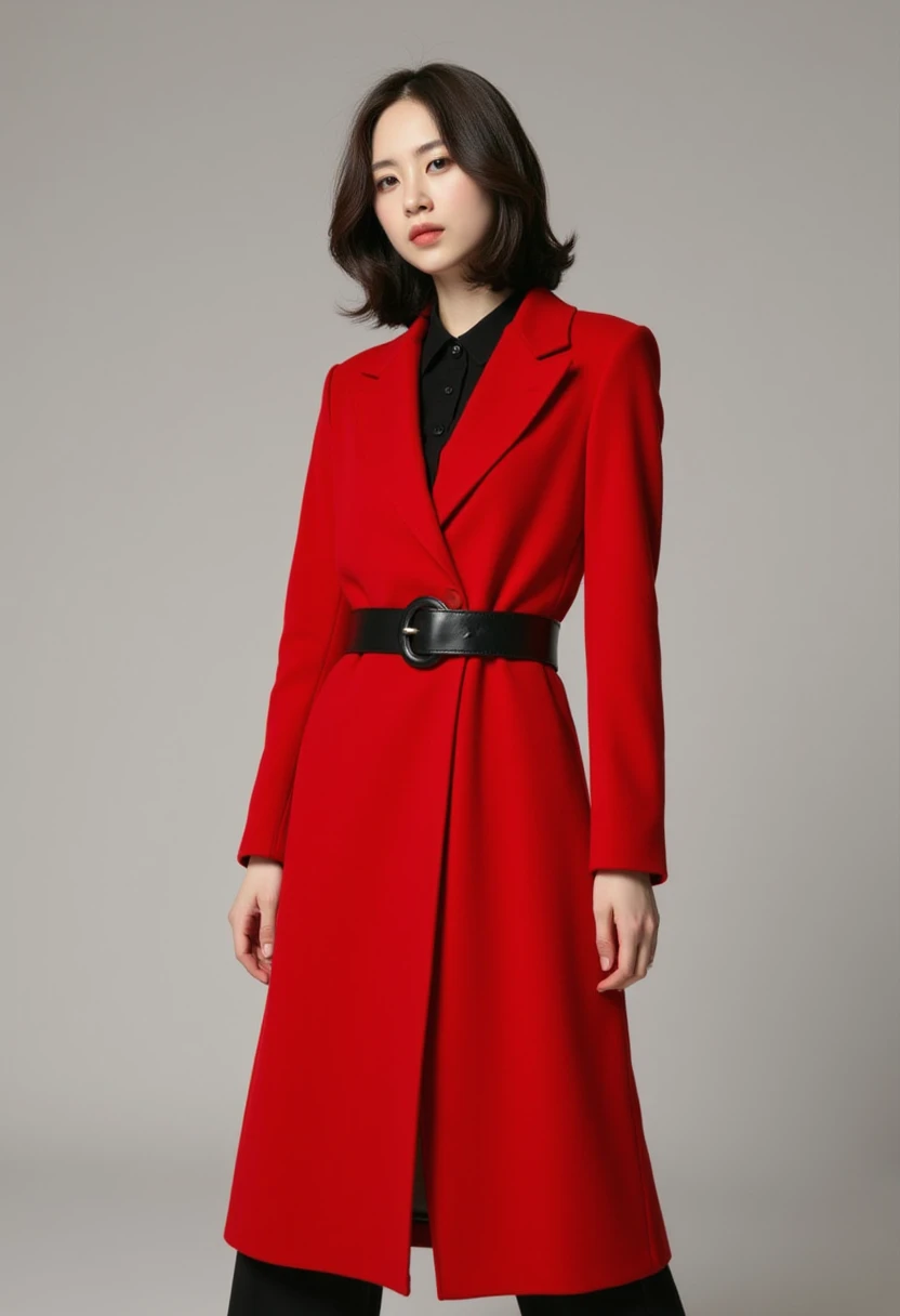 (((Masterpiece))), ((photography)), realistic, 8k,  an image of an elegant young woman wearing a long, bright red coat with a black leather belt at the waist. She has soft, loosely styled hair, with a calm and poised expression. The background is light gray, emphasizing the vivid color of the coat and the sophistication of her look.