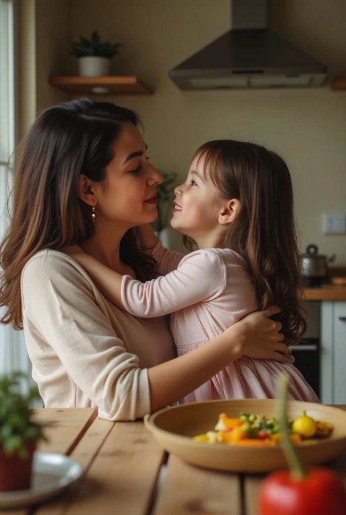 daughter(small)  hugs her mom and looks at her from the bottom up, photographic quality,in the kitchen at their house, ,