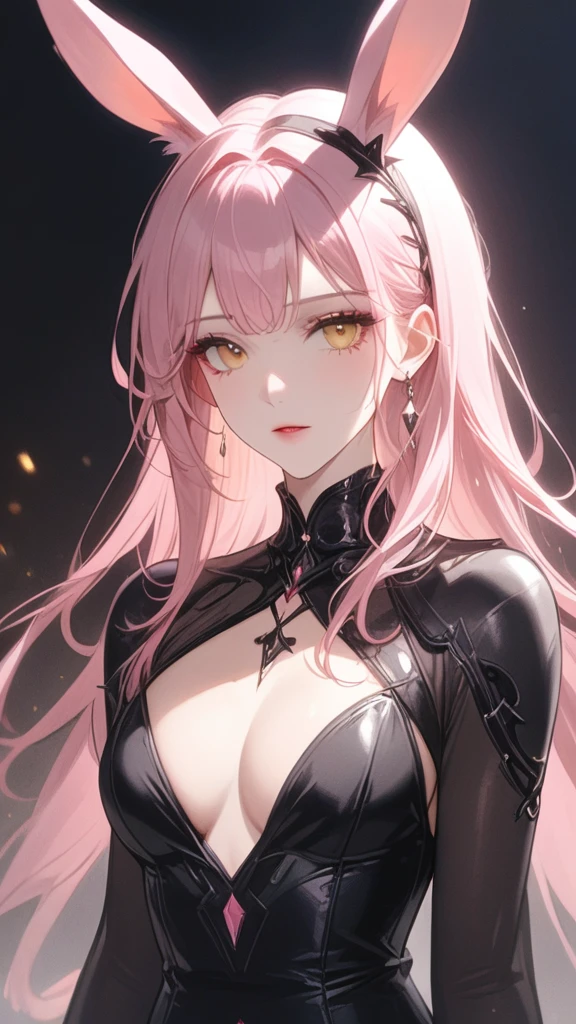 (masterpiece, best quality:1.2), 1 beautiful girl, detailed yellow eyes, detailed lips,detailed face and skin, long eyelashes, solo, black bunny ears, long pink hair, queen, looking at viewer, night, dark, moody, atmospheric, cinematic lighting, dramatic shadows, surreal, horror, mystery, xenomorphs by her side