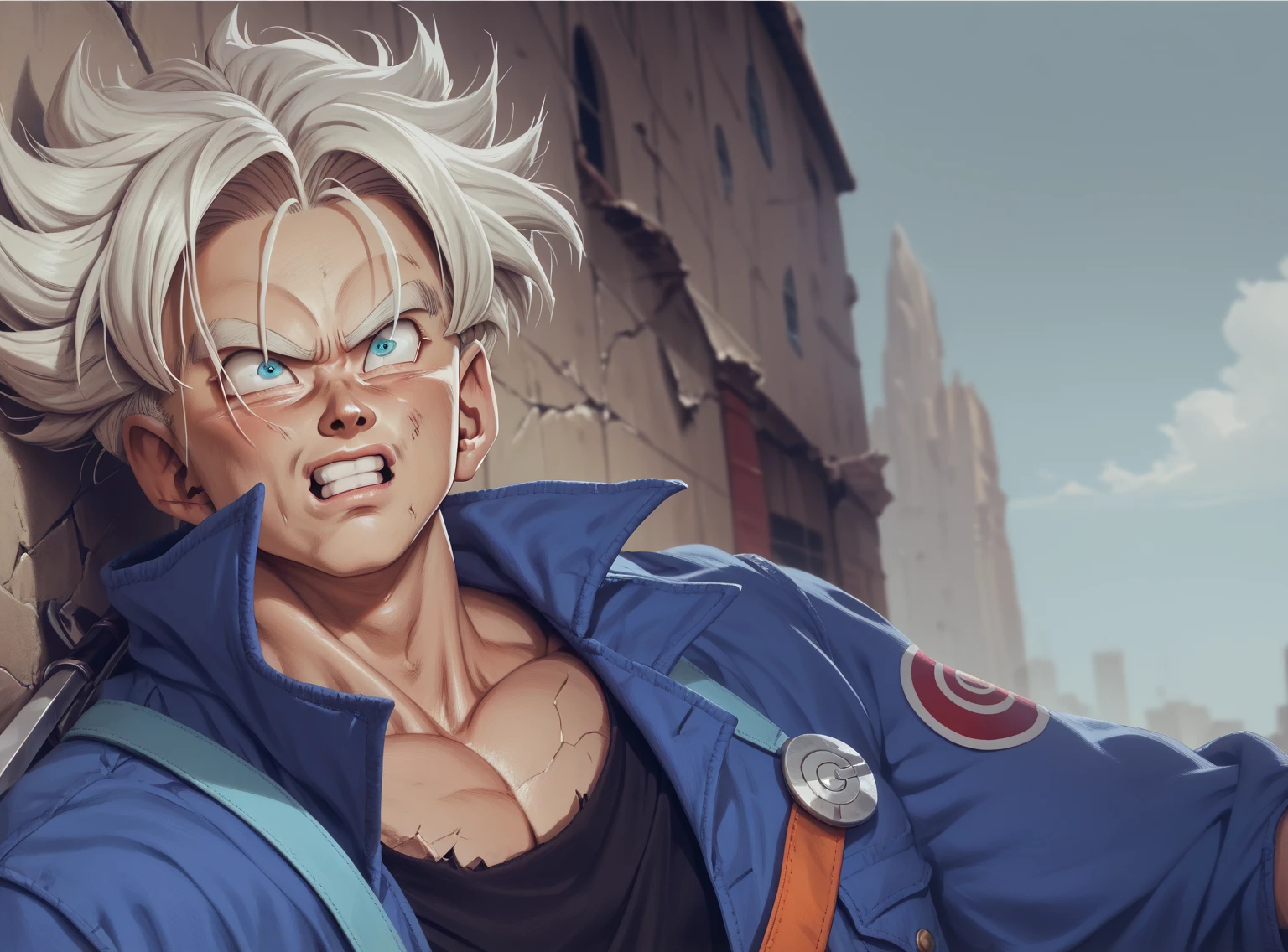 Trunkz,  Dragon Ball Z, detailed expressive eyes, nervous expression, he is looking up, extremely muscular, sword handle and pommel,  masterpiece, best quality,  high resolution, destroyed city background, cracks in wall, 