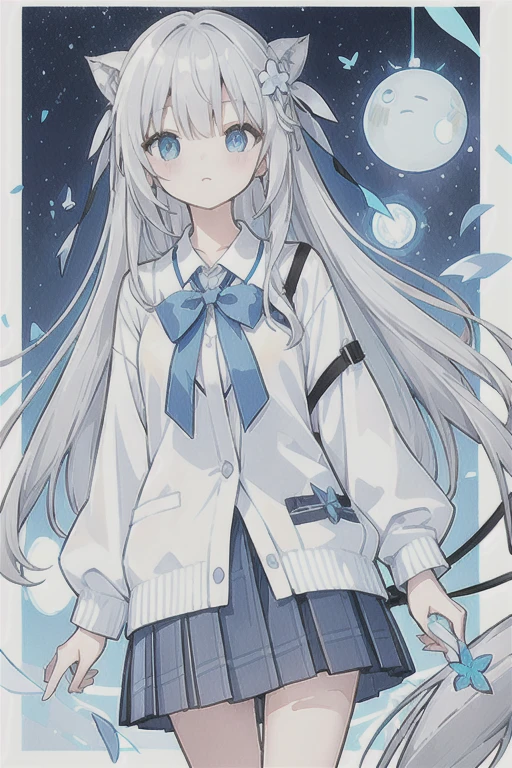 Gray hair、Very long hair · side tail on the right side · eyes of a different color 、Left eye is light blue、Right eye is gray, small breasts, white blouse, pale light blue cardigan, gray skirt, large gray ribbon attached to collar · single girl · quiet · smiling · light blue flower field · holding light blue flowers · top quality