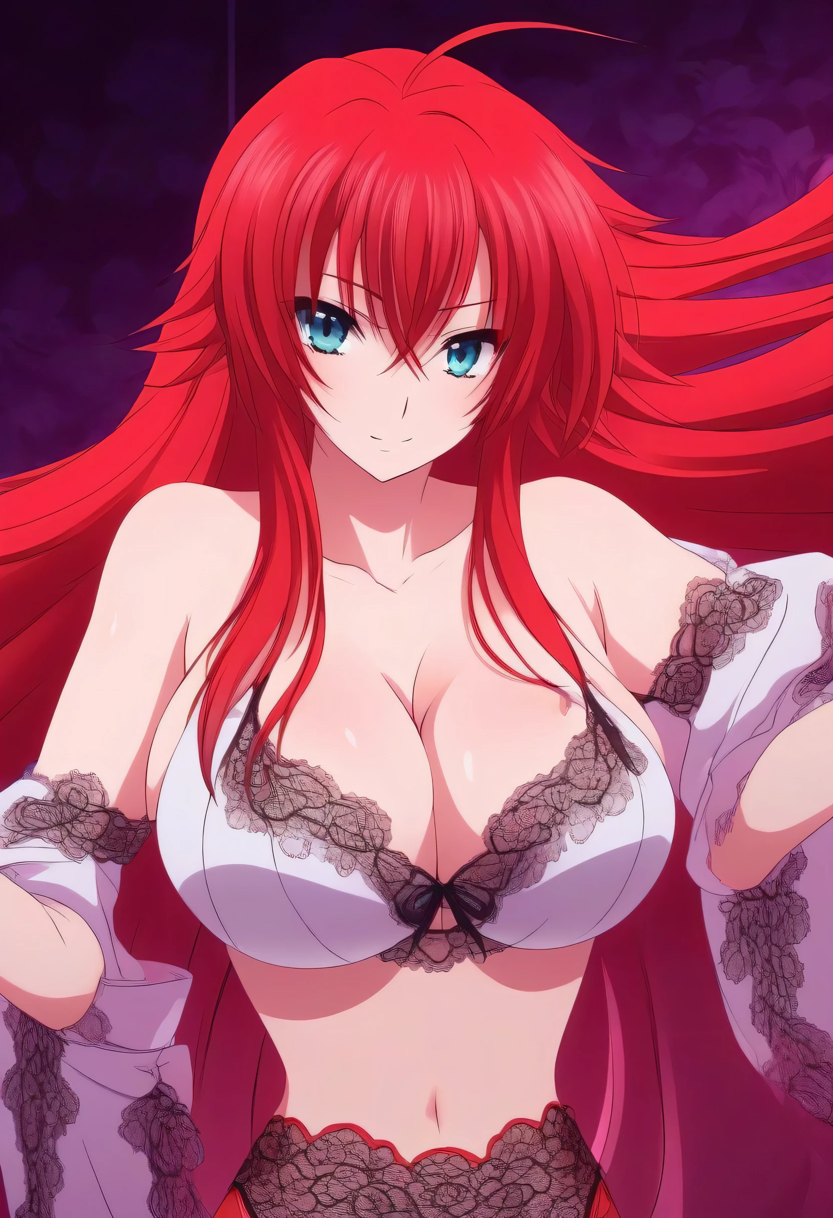 anime artwork a full body redhair woman, large breast, red lace bra, upper body, very long hair, style, key visual, vibrant, studio anime, highly detailed, bedroom