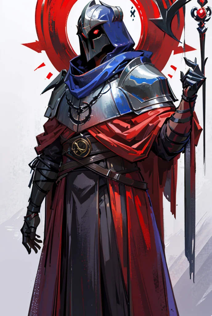 1boy, standing portrait, Central Focus, Centered, Fully in-frame, Solo, Standing still, zoomed out, Ritual Mask

Gender: male

Appearance: Ritual Mask, mysterious hooded figure in a long red cloak wearing a medieval knight chestplate and a mask with glowing runes covering his face