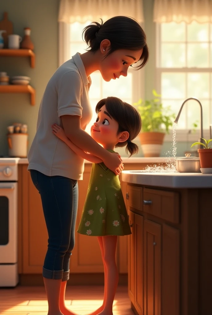  cartoon xtil hugs her mom , baby daughter (small) Pixar ( mom stands washing dishes in the kitchen sink)  by the legs and looks at her from the bottom up , ,in the kitchen at their house, , high quality,many details,cool cool kind characters,cuteness,