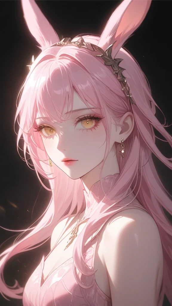 (masterpiece, best quality:1.2), 1 beautiful girl, detailed yellow eyes, detailed lips,detailed face and skin, long eyelashes, solo, black bunny ears, long pink hair, queen, looking at viewer, night, dark, moody, atmospheric, cinematic lighting, dramatic shadows, surreal, horror, mystery, xenomorphs by her side