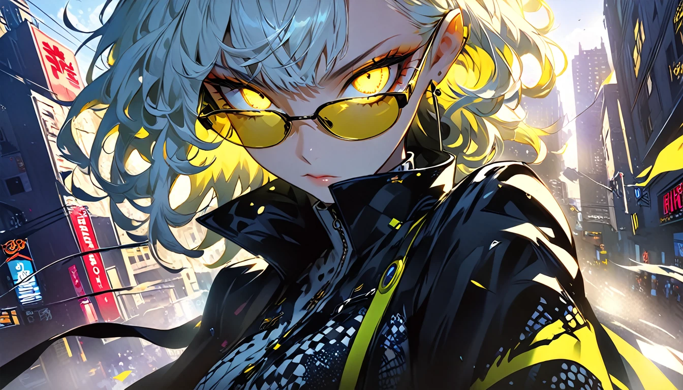  anime girl with sunglasses in her hair,  Guweiz style artwork ,  digital illustration style ,  animation style  일러스트,  animation style  4k, Yellow eyed , with glowing eyes,  animation style . 8k, author：heroes,   Persona 5 art style WLOP  ,  Morning City ,  Very Detailed ,  surreal , 8k