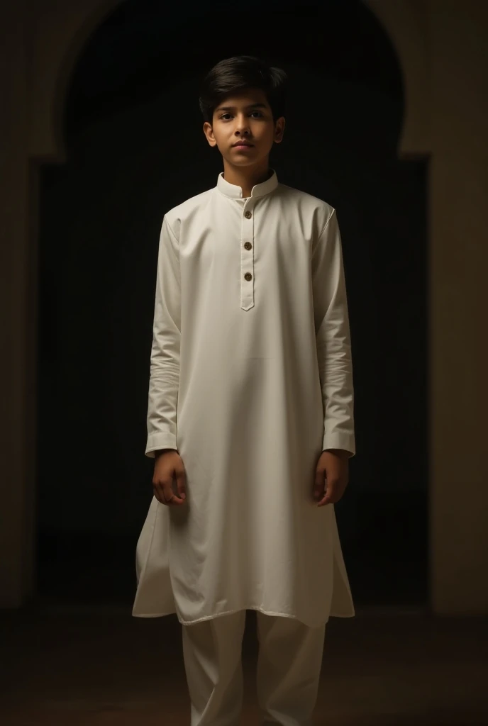 make a boy about 2 years old, height 78 cm, short crew cut hair, wearing a long-sleeved Muslim shirt colored grayish cream, wear white shoes, full body, Indonesian children, portrait view
