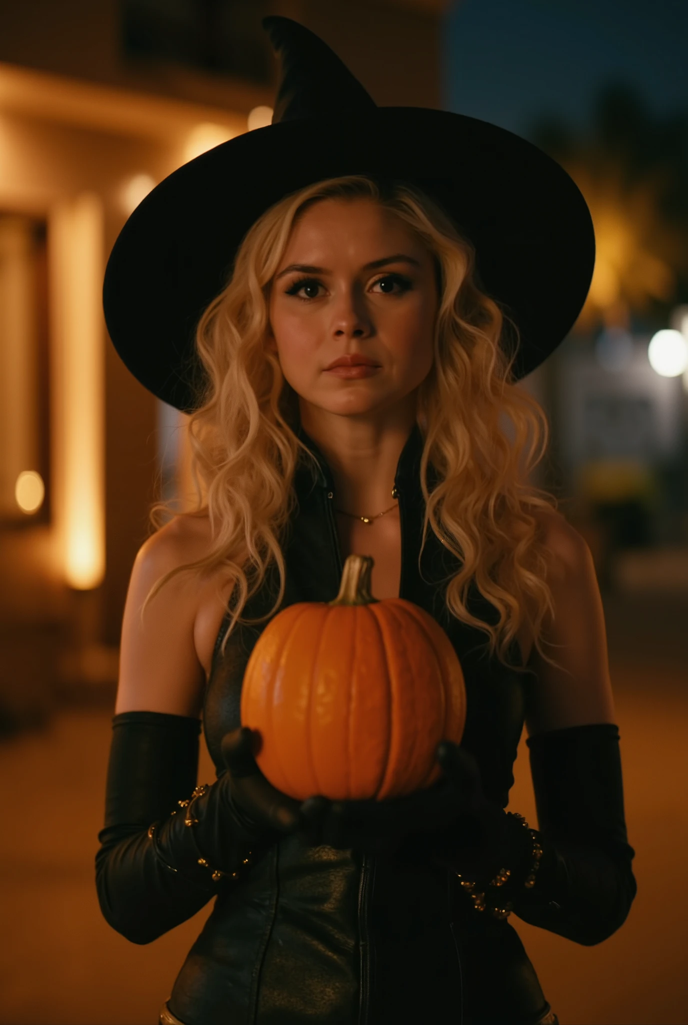 Blonde (st4rl1ght 1.6), (head to toe photo 1.1), dressing up as a very sexy witch, pumpkin hiding her big breasts, Autumn and Halloween vibes, night, light garlands, (full body 1.2)