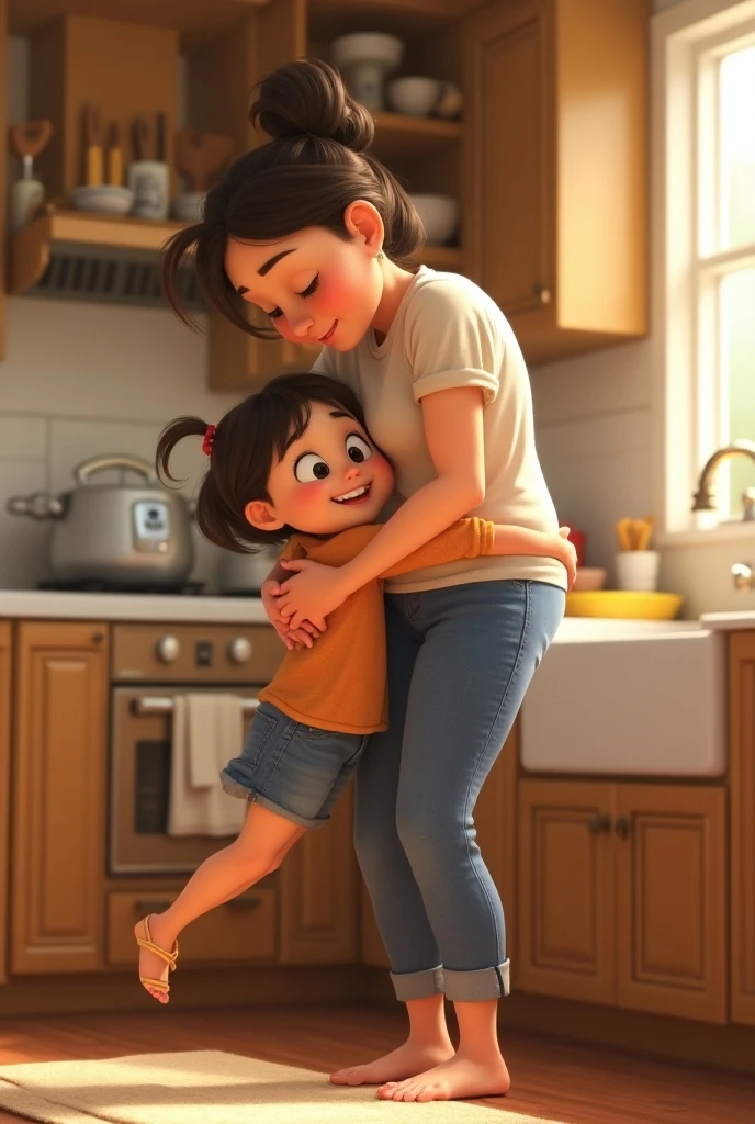  cartoon xtil hugs her mom , baby daughter (small) Pixar ( mom stands washing dishes in the kitchen sink)  by the legs and looks at her from the bottom up , ,in the kitchen at their house, , high quality,many details,cool cool kind characters,cuteness,