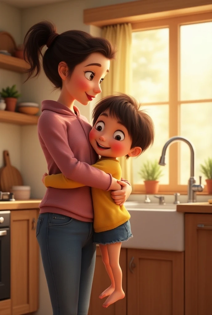  cartoon xtil hugs her mom , baby daughter (small) Pixar ( mom stands washing dishes in the kitchen sink)  by the legs and looks at her from the bottom up , ,in the kitchen at their house, , high quality,many details,cool cool kind characters,cuteness,