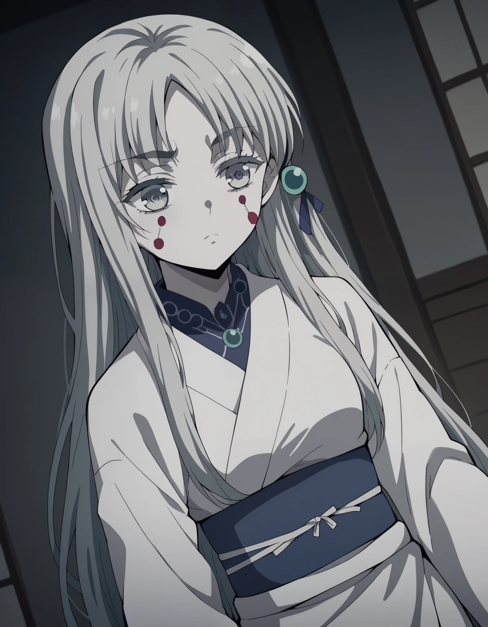  score_9,  score_8_up,  score_7_up, sauce_Anime,姉のSpider Demon, Spider Demon, Long Hair,  Hair Ornament , very Long Hair, Gray Hair, Grey Eyes,  facial mark,  thick eyebrows, Pale skin, long sleeve,  clevis,  JEWELRY, sash, heart, indoor, bed, bed room, Aside, , Drunk,Alone,  watching viewers ,  cowboy shot,  Dutch angle,Suzune Horikita