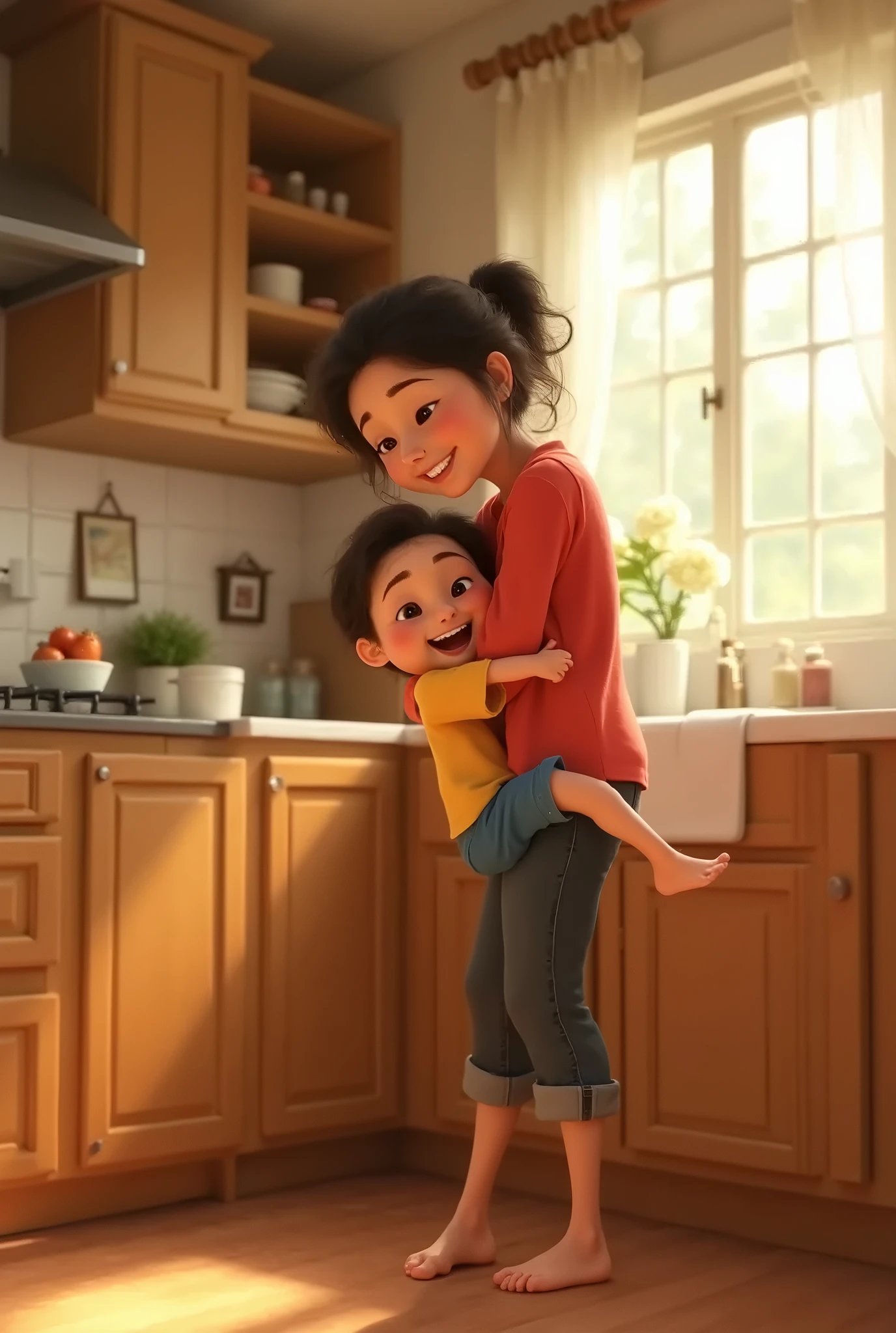  cartoon xtil hugs her mom , baby daughter (small) Pixar ( mom stands washing dishes in the kitchen sink)  by the legs and looks at her from the bottom up , ,in the kitchen at their house, , high quality,many details,cool cool kind characters,cuteness,