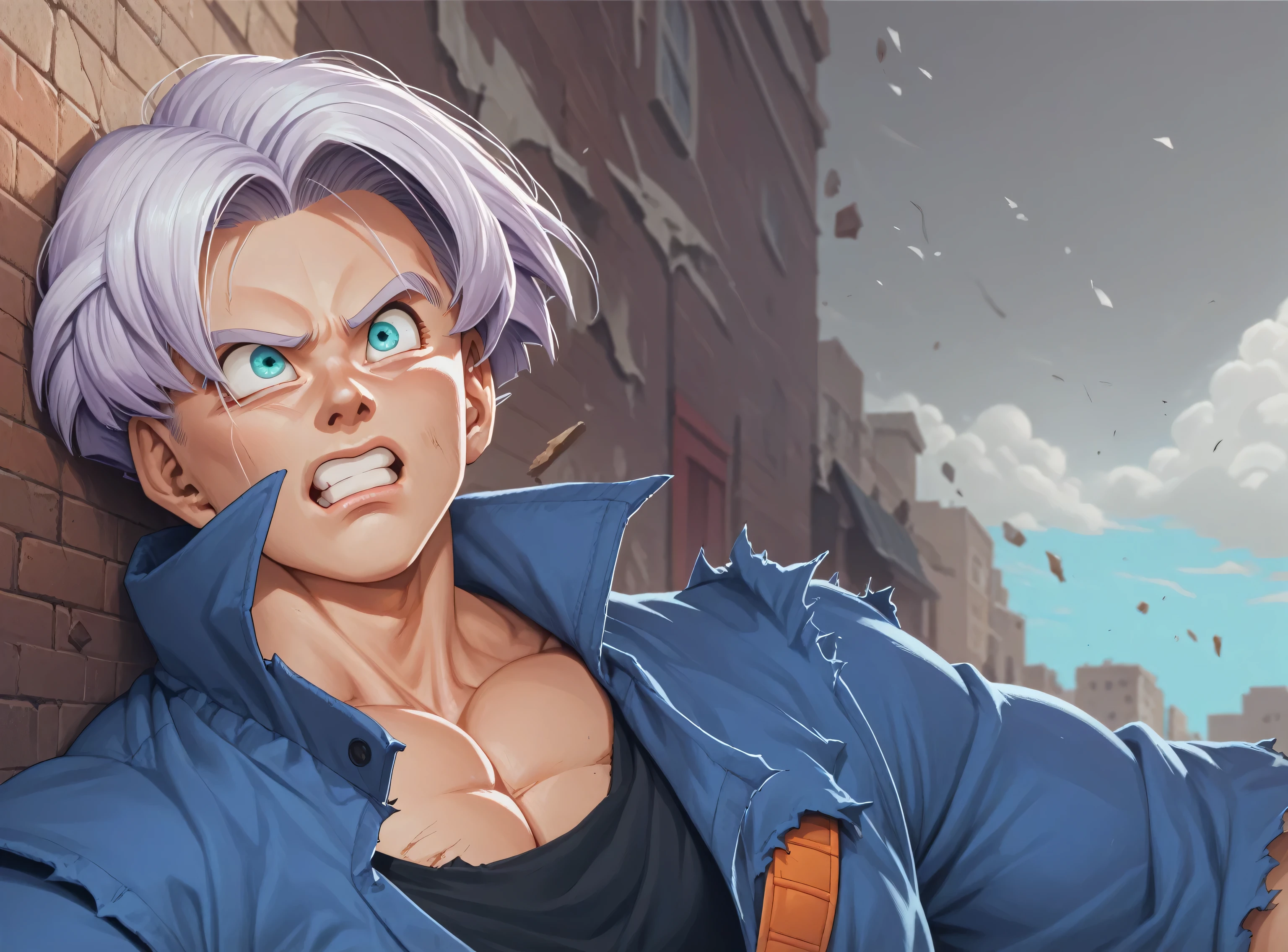 Trunkz,  Dragon Ball Z, detailed expressive eyes, nervous expression, he is looking up, extremely muscular, sword handle and pommel,  masterpiece, best quality,  high resolution, destroyed city background, cracks in wall, 