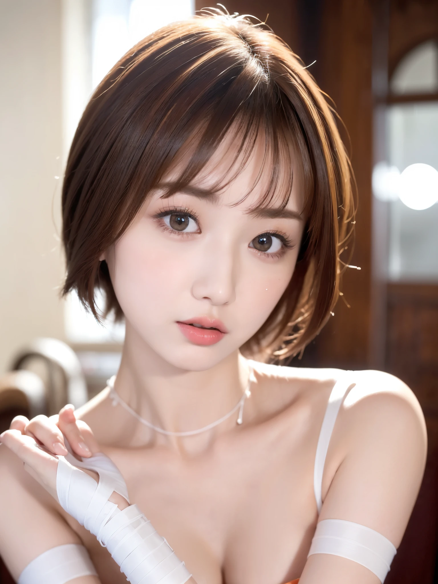 ((top-quality))、(Masseter muscle area:1.4)、Original photo、8k、(( Highest quality ))、 (( Kampala))、  beautiful face down to the smallest detail 、  Realistic Human Skin 、  gentle expression、( one woman:1.3 )、Realistic、 photorealistic、( very short hair with white bandage:1.4)、(Beautiful woman)、 very short hair with white bandage、( Cute Japanese Girl )、(( pretty woman))、(Beautiful Hair)、( dark brown hair )、(((Red cheeks)))、((Big Eyes))、20 year old beauty、(Small face:1.5)、Small head、((Long neck))、Pale skin、Spotless Skin、With bangs、Everyone admires、日本のBeautiful womanモデル、8 heads、( Necklace )、 looking at the camera、singer、((Large Breasts))