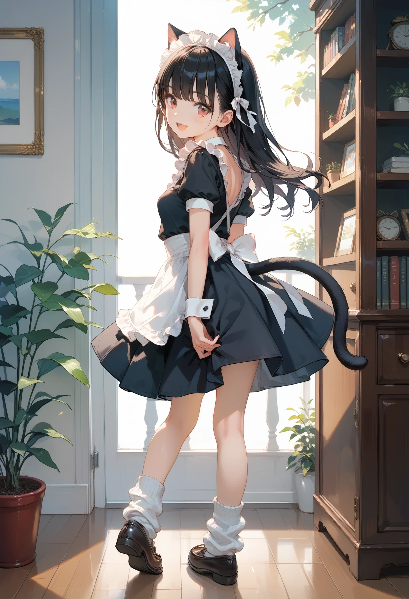 Score_9,Score_8_up,Score_7_up,highest quality anime,,masterpiece,1 girl,slim,small breasts,(Ideal slender proportions),(black_long_hair,straight_bangs,maid costume,loose socks,loafers),(showing her cat tail),(view from back:1.2),happy,lovely posing