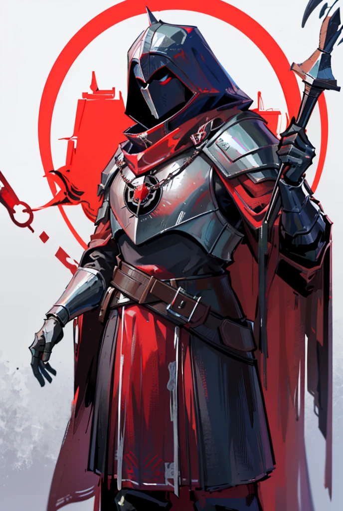 1boy, standing portrait, Central Focus, Centered, Fully in-frame, Solo, Standing still, zoomed out, Ritual Mask

Gender: male

Appearance: Ritual Mask, mysterious hooded figure in a long red cloak wearing a medieval knight chestplate and a mask with glowing runes over his entire face