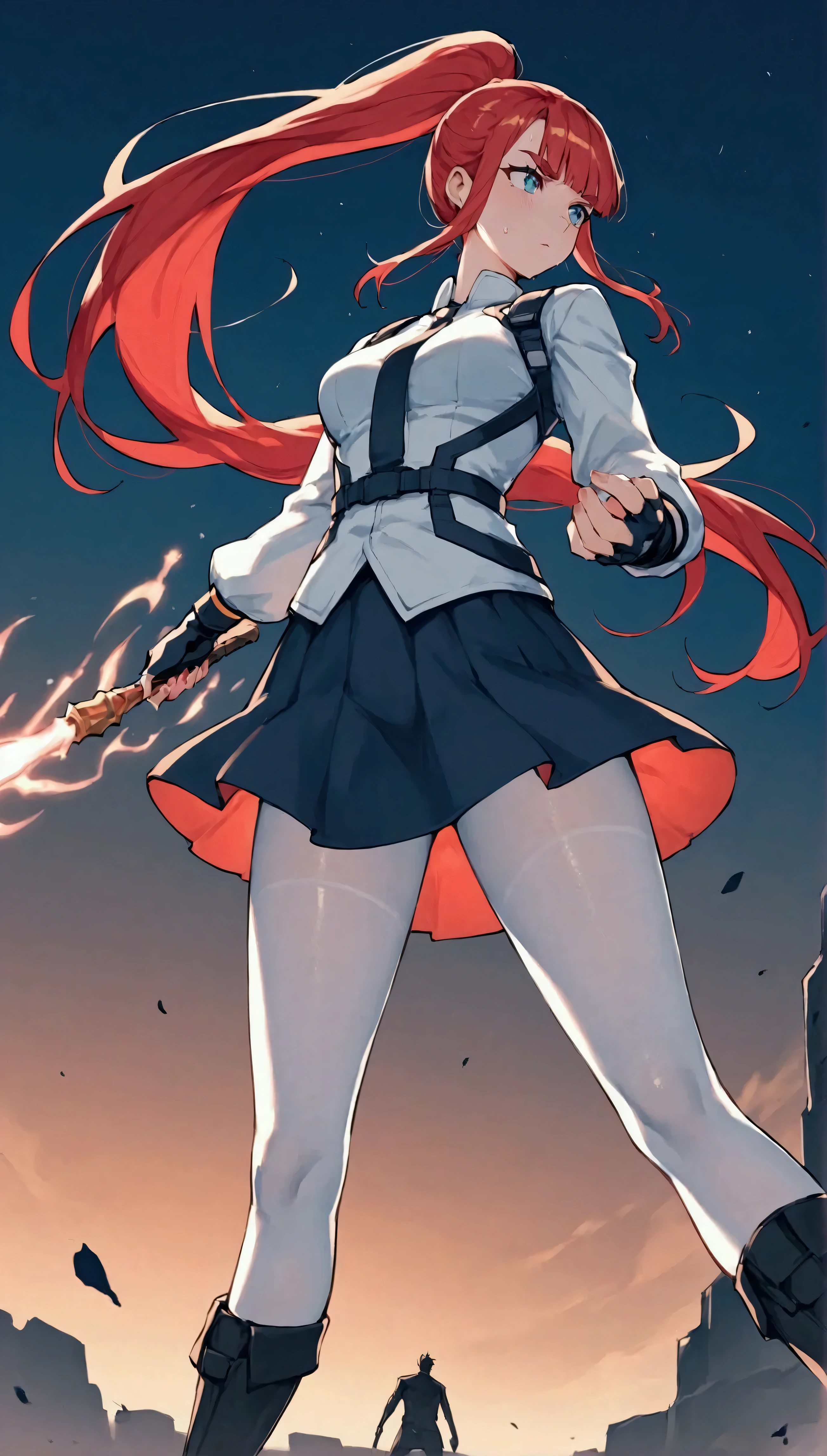 low-angle view,Female magic swordsman raising one knee in armor,Mature and cool woman,Dynamic composition,cowboy shot,,Cool mini-skirt Female magic swordsman, invoking magic, tall, magical aura,,Very slim legs,Slim body,score_9, score_8_up, score_7_up, score_6_up, score_5_up, score_4_up,source_anime,sweaty,magic rod, ,Action, outside fighting,motion lines,red hair,long hair, ponytail,blunt bangs,fingerless gloves,white long-sleeved blouse,The skirt spreads by magic.bushy eyebrows,knee boots, white pantyhose,girl cyberpunk