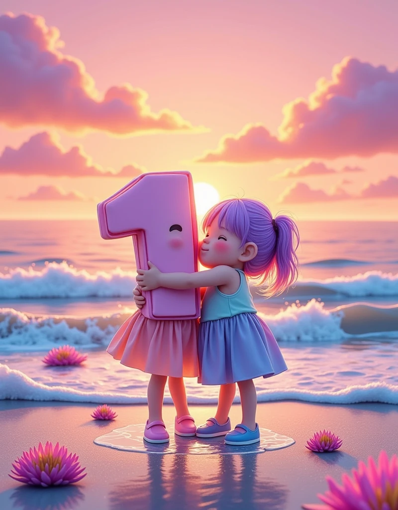 Illustration of two anthropomorphic digit figures 1 and 5, with slim arms and legs, hugs and kisses. They are positioned on a serene beach, the sand beneath their feet. The ocean beside them is tranquil, displaying gentle waves lapping the shore. They are gazing towards a cotton candy pink sunset that bathes the entire scene in a warm, rosy glow.​