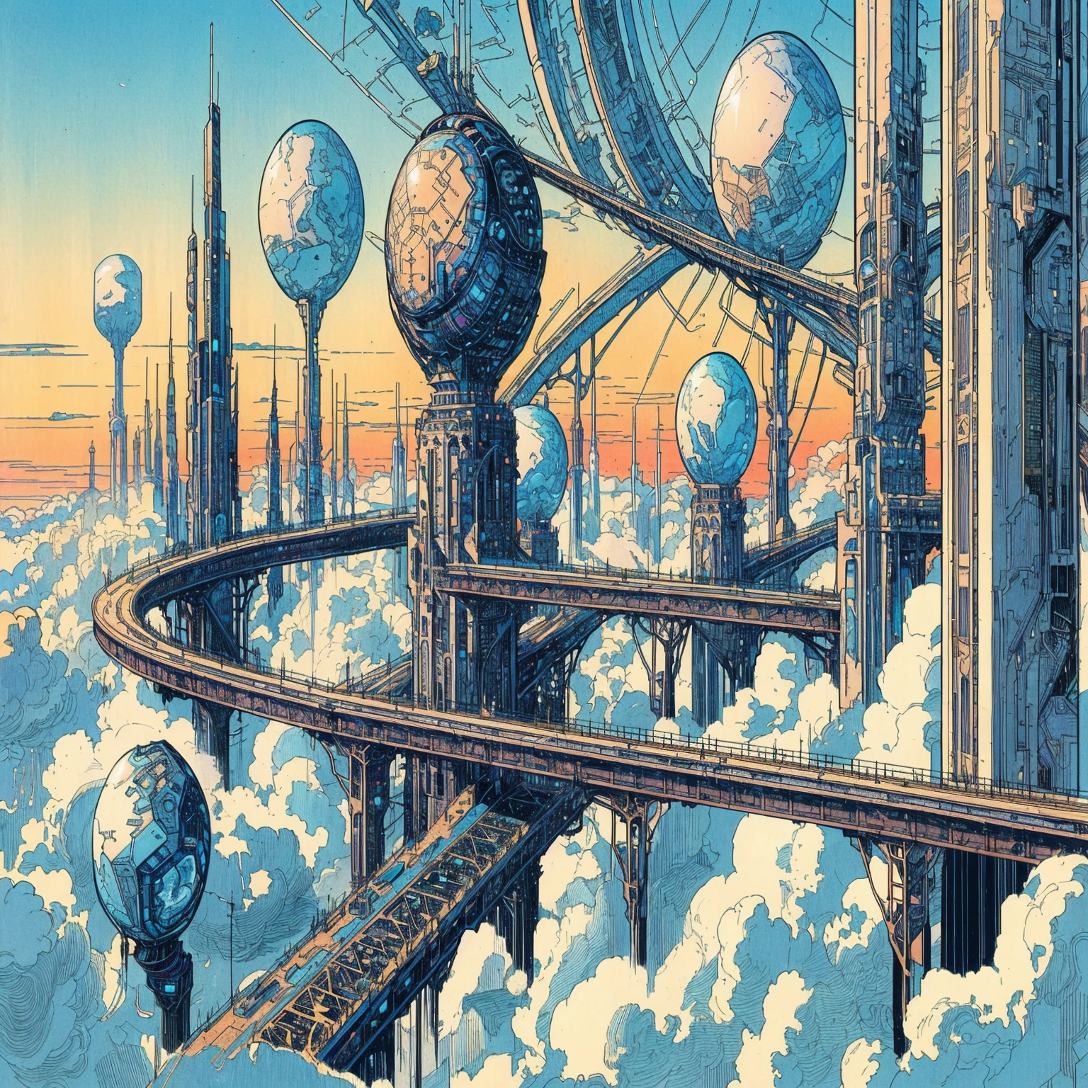 futuristic city in the clouds with a clock tower and a sky background, greg beeple, kilian eng. mœbius, inspired by Josan Gonzalez, josan gonzales, intricate futurism, moebius artwork, josan gonzales and dan mumford, inspired by Mœbius, beeple and jean giraud, detailed sci-fi art, cloudpunk