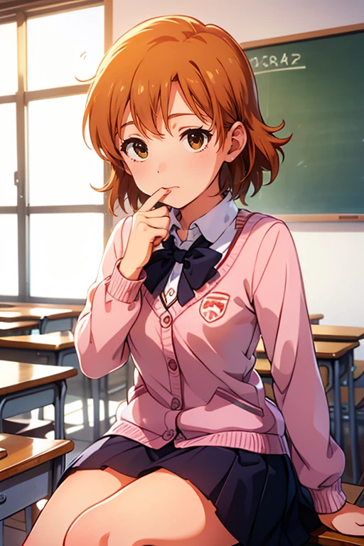 masterpiece,  high quality, 最high quality, beautiful,  Kampala, Realistic,  Full Photo, Detailed face, Detailed body, 1 person,  Wearing school uniform, ( embarrassed expression: 1.5) (blush: 1.5), sitting in classroom