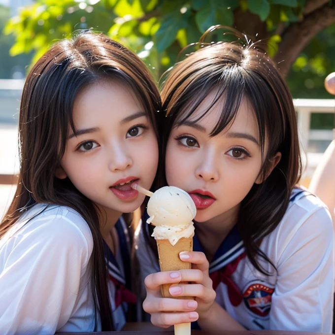 ((NSFW:0.5)),((Vanilla ice cream(((Lick it cutely with the tip of your tongue)))),"A hyper-realistic, ultra-high-definition image of two sisters wearing sailor-style school uniforms, enjoying vanilla ice pops on a warm day. The girls are captured mid-lick, with expressions of joy and contentment, savoring the creamy, delicious texture of the ice pops. Their skin has a lifelike texture with visible pores and soft highlights, showing a slight sheen due to the warm weather. The vanilla ice pops appear ultra-realistic, with subtle melting and a smooth, creamy surface. Their hair is finely detailed, with individual strands and natural light reflections. Soft, natural lighting creates a warm glow, enhancing the depth and realism of the scene. The background is slightly blurred, ensuring focus on their expressions and the delicious ice pops."