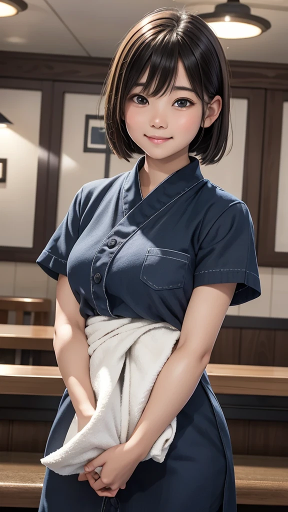 A friendly server at a family-style diner, dressed in a casual yet polished uniform, offers a neatly folded oshibori (warm hand towel) with an emphasis on its pristine and refreshing appearance. The server presents the oshibori carefully, holding it with both hands and extending it gently toward the viewer, making it the focus of the interaction. The soft texture and clean, slightly steamy surface of the oshibori are highlighted, creating a sense of warmth and welcoming comfort. The background is the bustling yet cozy atmosphere of a family restaurant, but the neatly rolled oshibori towel takes center stage, symbolizing thoughtful and attentive service.