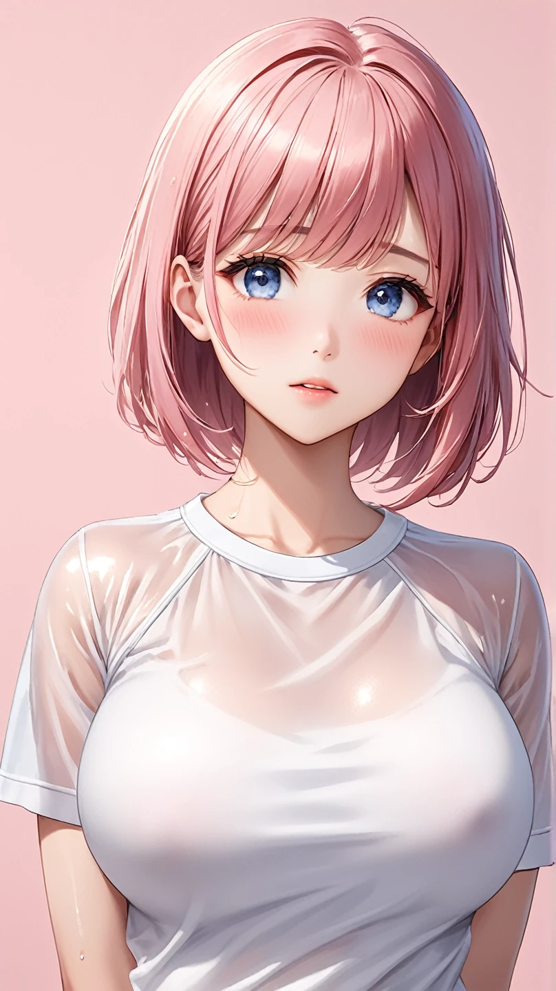 perfect anatomy, super detailed skin, Best Quality、masterpiece, a girl、24 years old、Big Breasts、 beautiful eyes、(pink hair), (very short hair)、Large Breasts、 beautiful eyes、(blue eyes),  anime style、 very cute face 、embarrassed, blush, red cheek, looking away, sweat, 
(gym uniform, white shirt, short sleeves:1.3), from front, portrait, see-through wet shirt, arms behind back, 
Pink Beige Background, covered nipples,