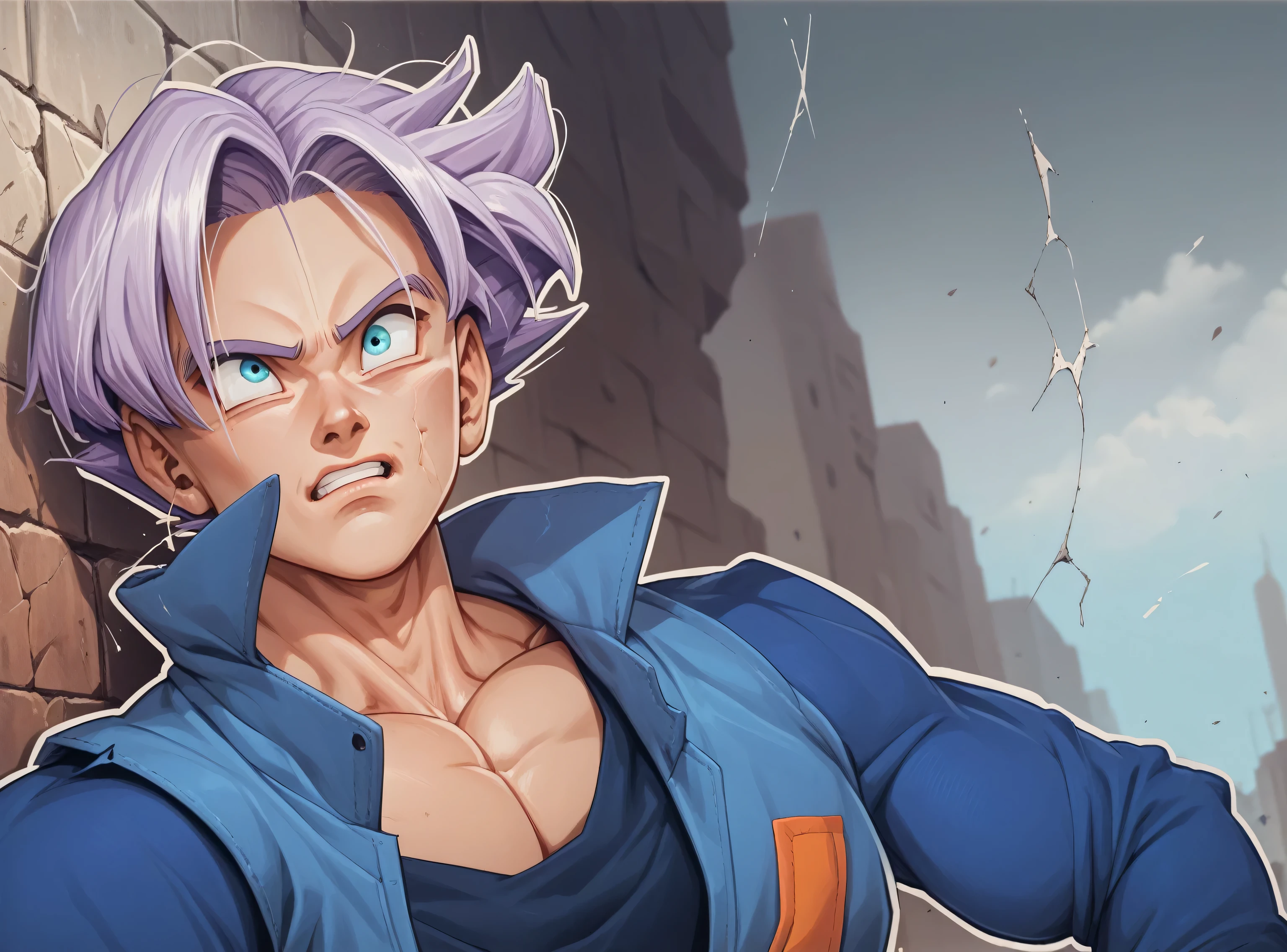 Trunkz,  Dragon Ball Z, detailed expressive eyes, nervous expression, he is looking up, extremely muscular, sword handle and pommel,  masterpiece, best quality,  high resolution, destroyed city background, cracks in wall, 