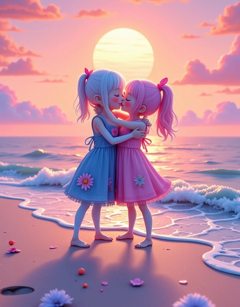 Illustration of two anthropomorphic digit figures 1 and 5, with slim arms and legs, hugs and kisses. They are positioned on a serene beach, the sand beneath their feet. The ocean beside them is tranquil, displaying gentle waves lapping the shore. They are gazing towards a cotton candy pink sunset that bathes the entire scene in a warm, rosy glow.​