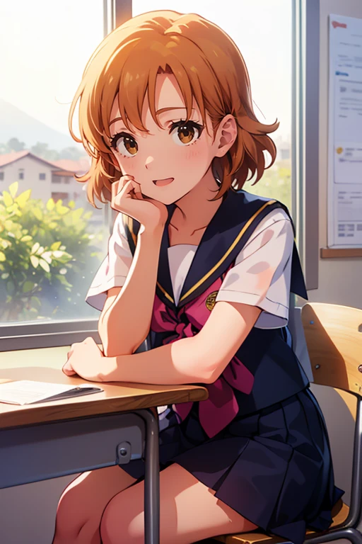 (((4K,masterpiece,Best Quality,Super detailed, Kampala))), Full Photo, Detailed face, Detailed body, 1 person,  Wearing school uniform, ( embarrassed expression: 1.5) (blush: 1.5), sitting in classroom