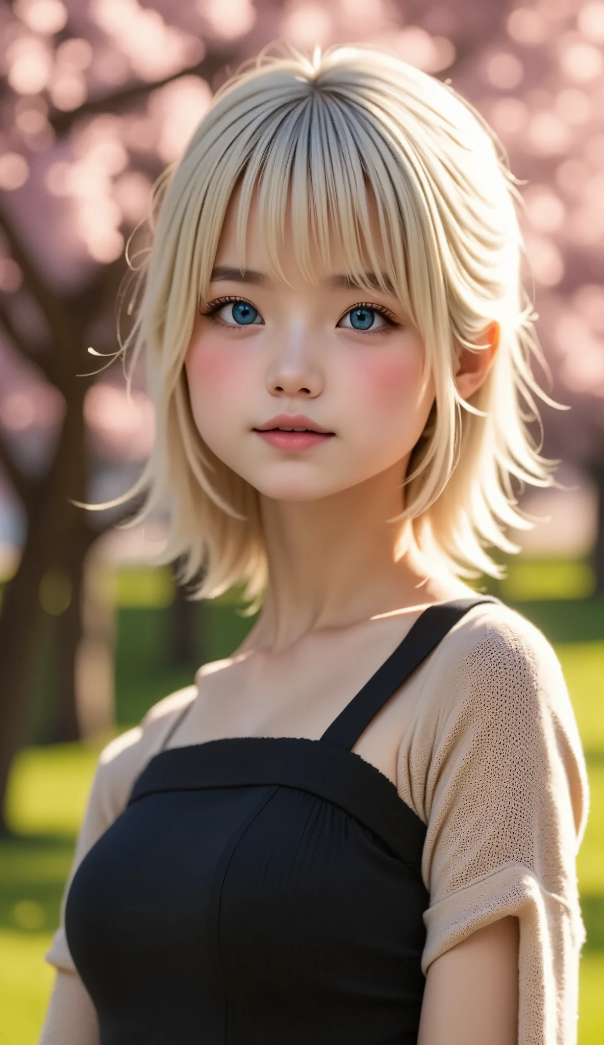  one girl playing pranks、Distinctive hairstyle、 blond hair、(((Fatigue)))、Small eyes、  plump lips 、(((１６)))、( knit dress、Black tight dress:1.5)、 outdoor 、Midsummer Sun、Summer Park、cherry blossoms、Someiyoshino cherry blossoms、Best Quality、  ultra high resolution 、super detailed、masterpiece:1.5、８ｋ、Film Category、 perfect anatomy、  cinematic lighting、50ｍｍShooting with a lens、 professional photographer 、