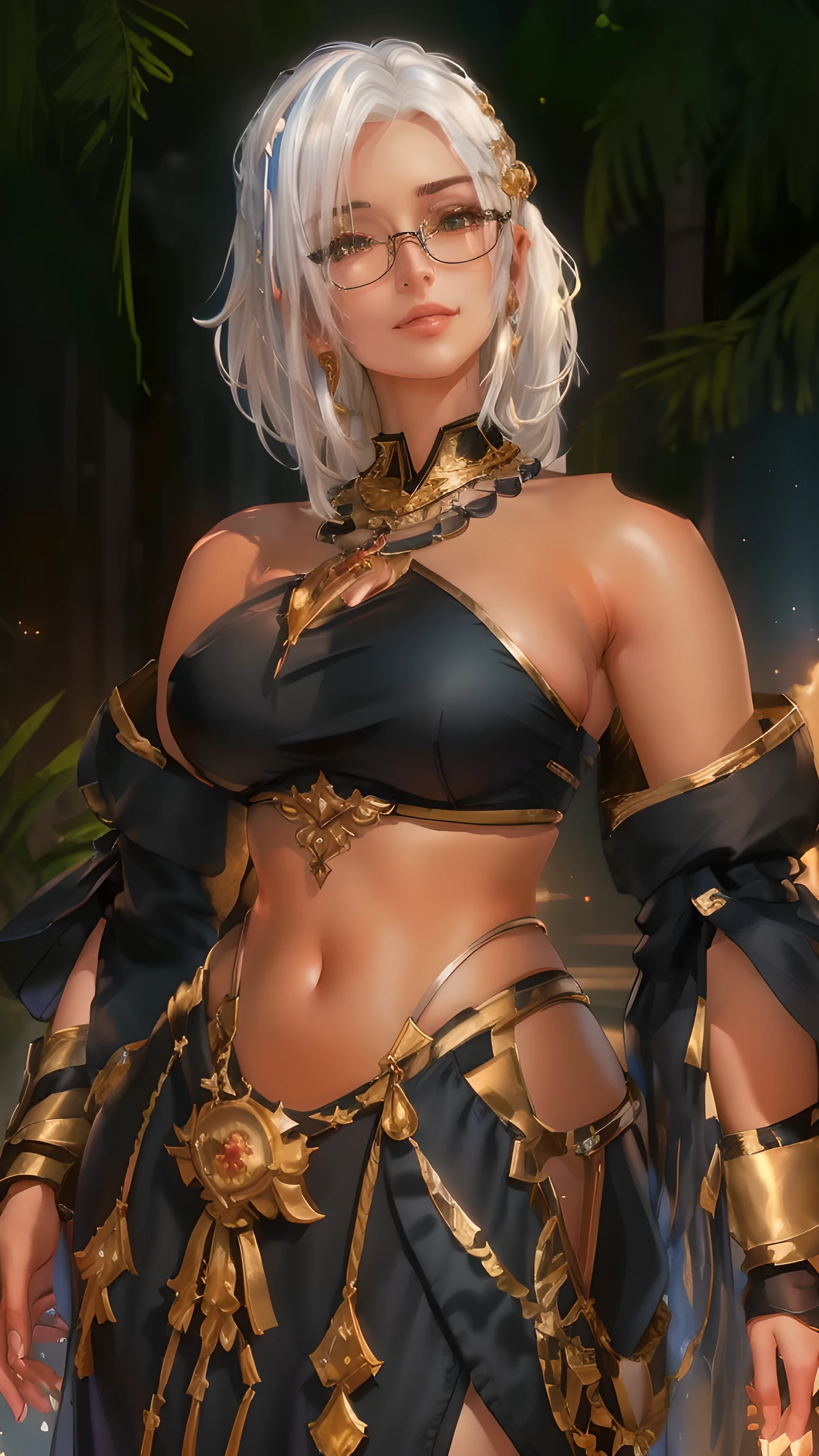 there is a woman with white hair and a black dress and gold frame glasses, tan skin, black middle east dancer dress, necklace, alluring mesmer woman, ornate bikini armor, gold ornament, black fire color reflected armor, close up half body shot, wearing gilded ribes, full body close-up shot, Elegant mature female, white hair, elegant hairstyle, swept bangs, soft light, high detailed, 4k resolution, high quality, female hyur from Final Fantasy 14, (best quality), (best shade), ((erotic, Sexy), ultra high resolution, HD CG unified 8K wallpaper, Physically based rendering, movie lighting),