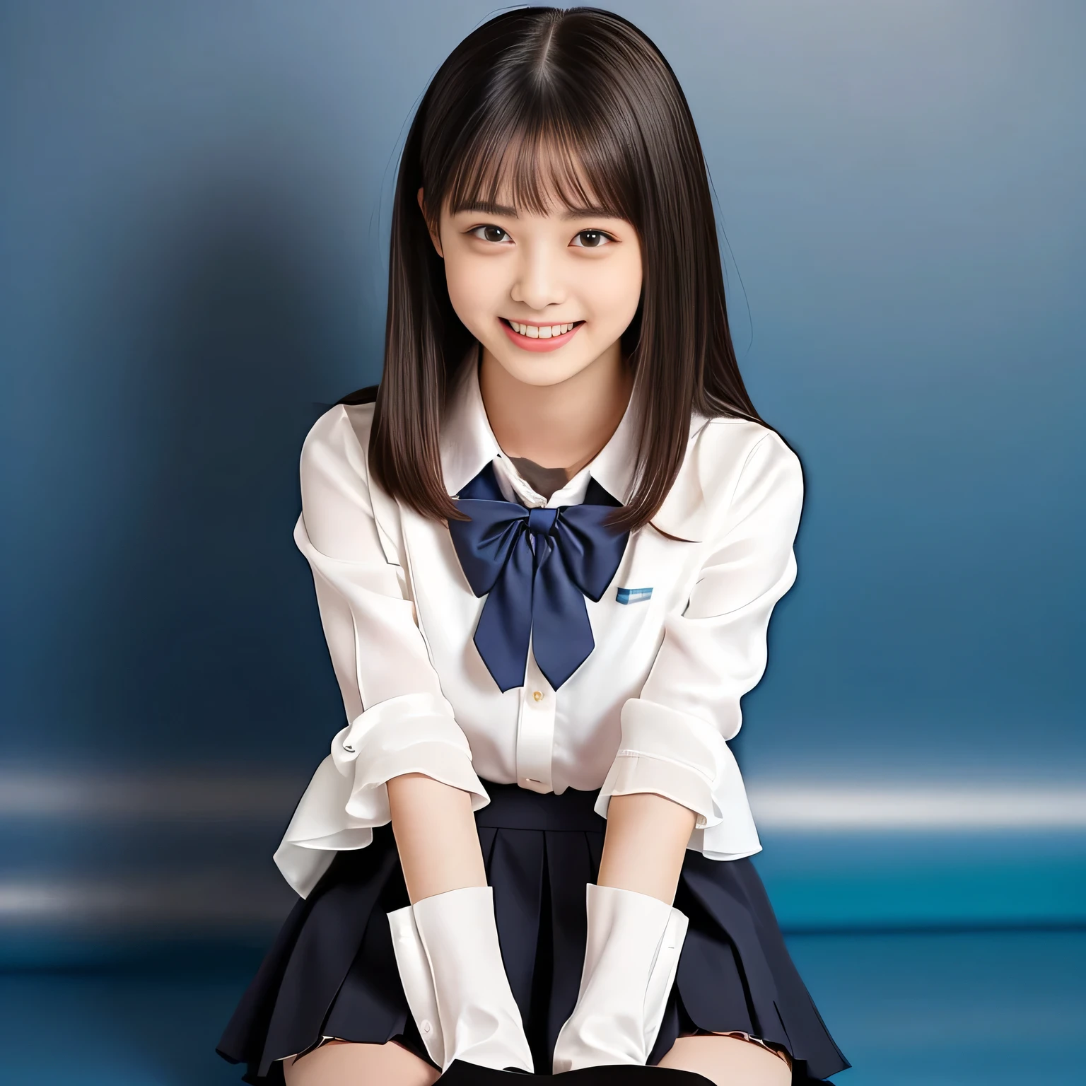 (Highest quality, masterpiece:1.2), Highest quality, High resolution, 1080P, 8k, (A noble, graceful and Japanese young girl who have a best proportion are seated giggling at me with extreme beatitude, laughing and posing like a fashion model, using face-whitening cosmetics: 1.5), (She is getting out of the picture: 1.6), (Well-balanced, Intelligent, drooping, double-eyelids, brown shiny large eyes with detailed make me feel her intelligence: 1.5), (Frilled Frilled expensive noble white cute silk shiny blouse, blue-colored pleated skirt: 1.5), ((Beautiful well-figured glossy lips)), (Plain blue school ribbon on the mature breast), (Girl whom everyone loves because of her beauty and beautiful eyes and lovely fashion and noble manner and magic-charm of succubus), (Very beautiful, glossy, cute neat black hair: 1.3), (Drives me crazy for her glossy neat hair and Make me fall into her mouth), (plain blue background: 1.6), (Best style like a 13yoashion model, mature breast), ((Completely balanced beautiful eyes)), ((Completely balanced beautiful eyes)), (eyes, face and hair are especially beautifully detailed and beautifully drawn: 1.5), (Satisfactory best shot by professional infamous women's photographer: 1.5), (The soft white light clearly shows her face white: 1.2), (Very soft laughing cheeks, very soft hands, People who touch it feel eternal pleasure: 1.2), (Show me your cutest glossy face!!: 1.6), (Everything is too expensive including her expression!: 1.5)