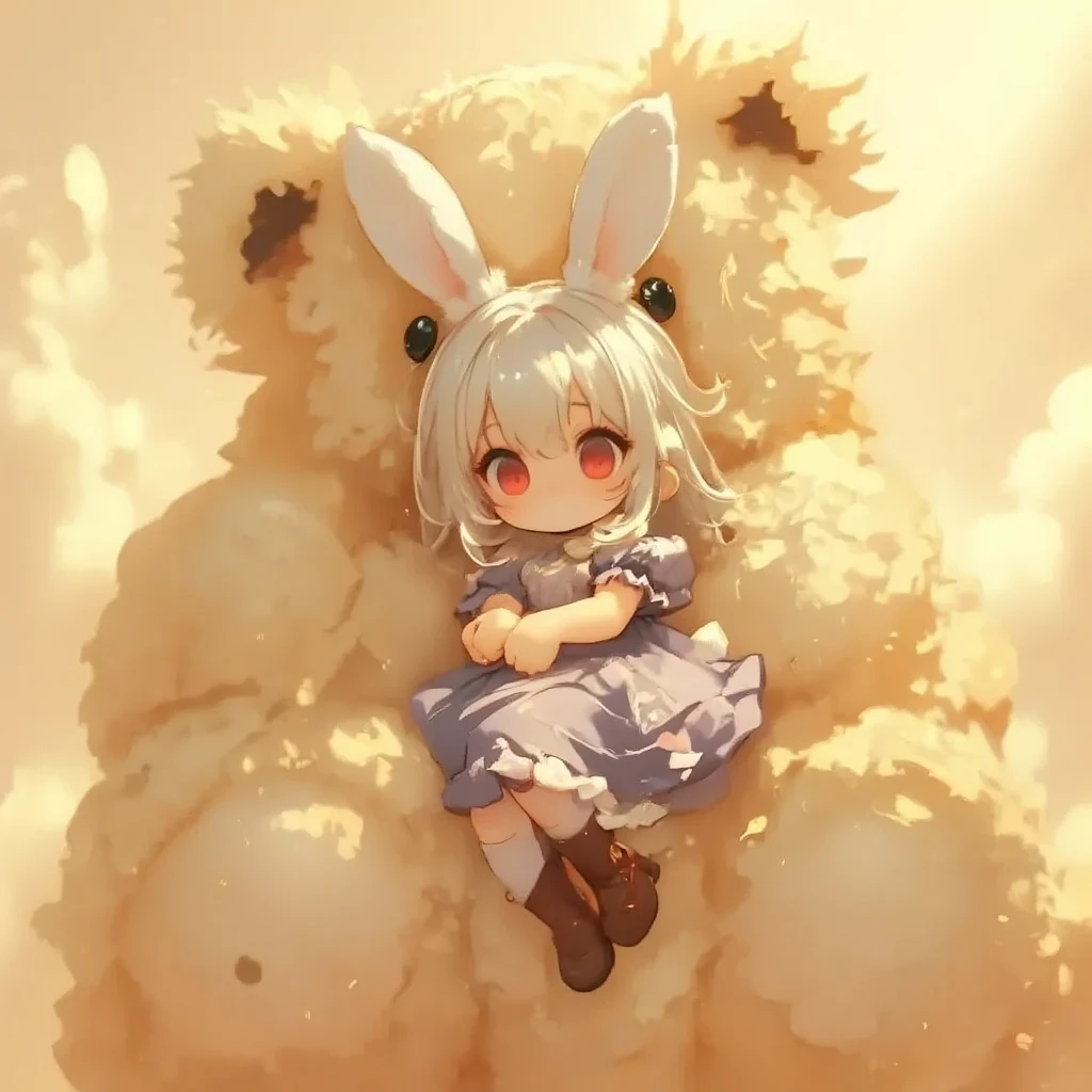 a yellow gigantic teddy bear and white hair girl. A massive teddy bear holding a joyful small girl in a gentle embrace.she is cute chibi and has white bunny ear on head. The bear, with plush, soft fur and a friendly expression, has large, comforting arms wrapped around the girl, who looks delighted and happy, with a big smile on her face. The girl wears a playful outfit with a hint of innocence, perhaps a dress or cozy pajamas, and rests comfortably in the bear’s arms. The scene is warm and comforting, with soft lighting highlighting the textures of the bear’s fur and the girl’s cheerful demeanor. A cozy, whimsical setting surrounds them, enhancing the affectionate bond and happiness of the moment. intrecate art work, ultra detailed illustration,
