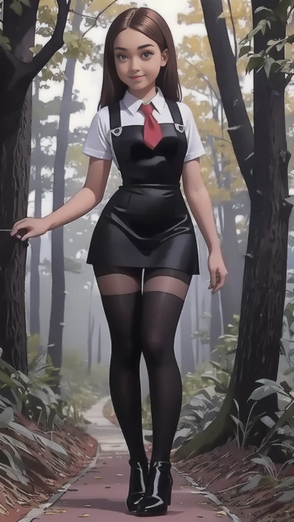 Mean curvy teen beautiful young schoolgirl ,  beautiful  teen face, short black silk skater pinafore ,  silk red tie,  a young girl in a short black silk skater pinafore, wearing in a white transparent blouse, short sleeves, brown long hair,  beautiful eyes, black stockings,  high heels boots, girl - standing in the wood, photorealistic , smile face, perfect legs, full size figure, short black silk skater pinafore,  perfect figure