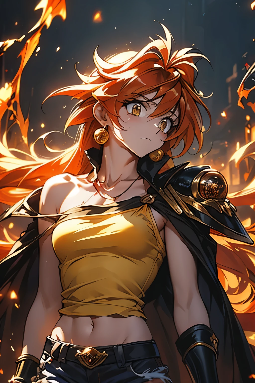 （（（ＳＦＷ、Highest quality、 first class、masterpiece、Normal body、8k、Detailed face、Ultra-precision、Normal hand、Normal finger、Masterpiece）））、-Slayers-、Lina Inverse、Lina Inverse、mage 、Orange Hair、 Ripped Yellow Tube Top、 Torn Red Trousers 、 Tattered Black Cloak 、Broken Black Gold Shoulderpads 、Half naked、Muscle Exposure、Regretful expression