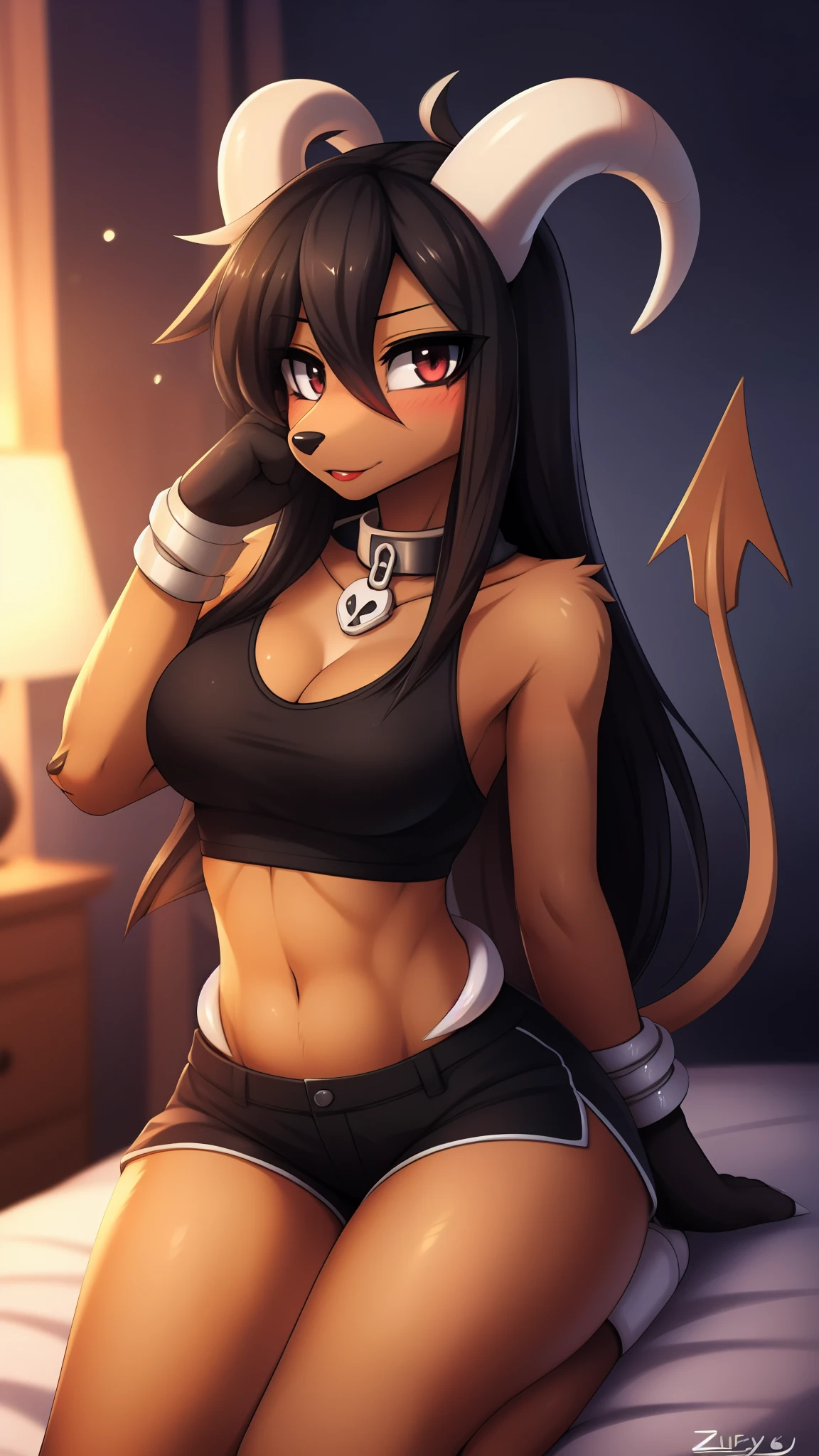 By zinfyu,by twistedscarlet60, uploaded on pixiv, by fluff-kevlar, (masterpiece), (best quality), (solo female:1.2), (extremely detailed:1.3),(detailed eye,black circle on eye, black eye), Houndoom, pokemon, pokemon houndoom, canine, Hourglass_body, slim, using lipstick, red lips,has hair pony, hair pony, black hair, long hair, view on viewer, medium breast, focus on face, in bedroom, beautiful eyebrow,soft eyebrow, shy, blush, wearing black collar,  wearing tanktop, thight clotches, close view, close to camera, cum on face