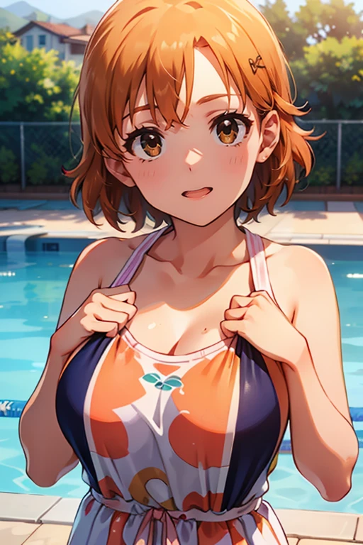 (((4K,8k,masterpiece,Best Quality,Super detailed, Kampala))), Full Photo, Detailed face, Detailed body,  1 Girl, ( embarrassed expression: 1.5) (blush: 1.5),  standing by the pool、Wore a simple orange swimsuit、 good style 