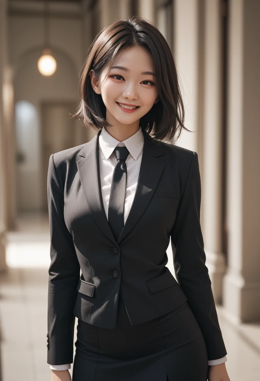 1 girl,Asian,straight hair,medium hair,medium breasts,black suit,black skirt,light smile