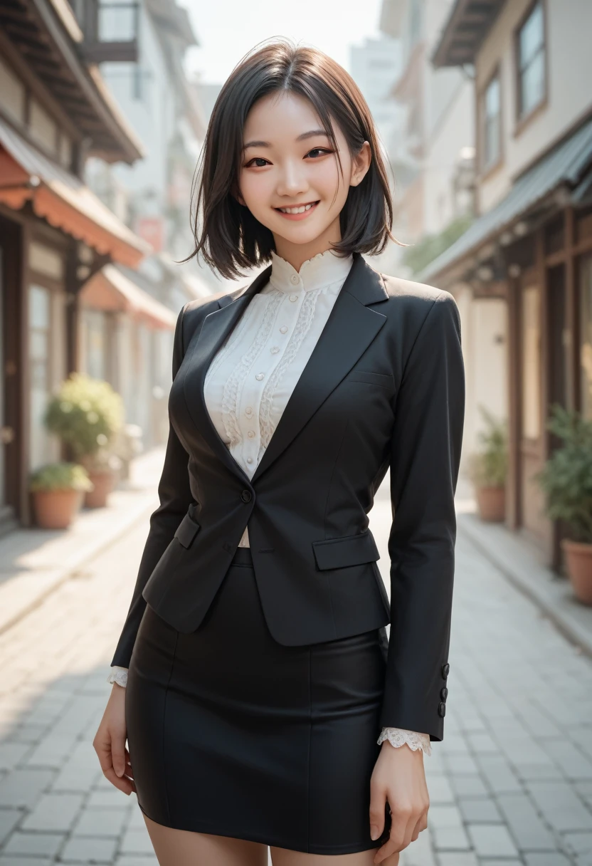 1 girl,Asian,straight hair,medium hair,medium breasts,white blouse,black suit,black skirt,light smile