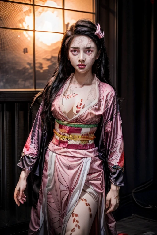 A young girl in realistic portrait of high quality and detail, movie style, Nezuko Kamado (Kimetsu no Yaiba), 18 years old, She has long waves black hair, pink demon eyes, pale skin, asian girl, She is wearing a traditional Japanese pink kimono, medium breast, dark fantasy, dark atmosphere, happy look, glow, eye shadow, 1girl, Depth & Perspective, fangs, full-length photo, smiling face, Japanese hieroglyphens in pupils, fine face, She's standing in the japanese street, outdoors, snow on background, winter, night time, looking at viewer, (ultra-high detail:1.2), Masterpiece, Best Quality, Ultra-detailed, Cinematic lighting, 8K, delicate features, cinematic, 35 mm lens, f/1.9, highlight lighting, global lighting –uplight –v 4, cinematic, Cinematic lighting, 8K, high quality, Highest Quality, (Solo Focus), (extremly intricate:1.3), (Realistic), masterful, Analog style, (Film grain:1.5), (cold tone),