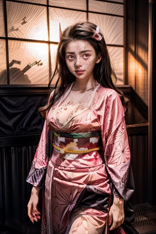 A young girl in realistic portrait of high quality and detail, movie style, Nezuko Kamado (Kimetsu no Yaiba), 18 years old, She has long waves black hair, pink demon eyes, pale skin, asian girl, She is wearing a traditional Japanese pink kimono, medium breast, dark fantasy, dark atmosphere, happy look, glow, eye shadow, 1girl, Depth & Perspective, fangs, full-length photo, smiling face, Japanese hieroglyphens in pupils, fine face, She's standing in the japanese street, outdoors, snow on background, winter, night time, looking at viewer, (ultra-high detail:1.2), Masterpiece, Best Quality, Ultra-detailed, Cinematic lighting, 8K, delicate features, cinematic, 35 mm lens, f/1.9, highlight lighting, global lighting –uplight –v 4, cinematic, Cinematic lighting, 8K, high quality, Highest Quality, (Solo Focus), (extremly intricate:1.3), (Realistic), masterful, Analog style, (Film grain:1.5), (cold tone),