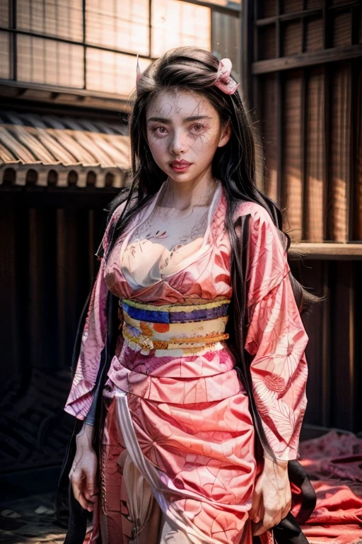 A young girl in realistic portrait of high quality and detail, movie style, Nezuko Kamado (Kimetsu no Yaiba), 18 years old, She has long waves black hair, pink demon eyes, pale skin, asian girl, She is wearing a traditional Japanese pink kimono, medium breast, dark fantasy, dark atmosphere, happy look, glow, eye shadow, 1girl, Depth & Perspective, fangs, full-length photo, smiling face, Japanese hieroglyphens in pupils, fine face, She's standing in the japanese street, outdoors, snow on background, winter, night time, looking at viewer, (ultra-high detail:1.2), Masterpiece, Best Quality, Ultra-detailed, Cinematic lighting, 8K, delicate features, cinematic, 35 mm lens, f/1.9, highlight lighting, global lighting –uplight –v 4, cinematic, Cinematic lighting, 8K, high quality, Highest Quality, (Solo Focus), (extremly intricate:1.3), (Realistic), masterful, Analog style, (Film grain:1.5), (cold tone),