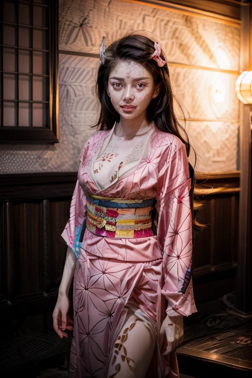 A young girl in realistic portrait of high quality and detail, movie style, Nezuko Kamado (Kimetsu no Yaiba), 18 years old, She has long waves black hair, pink demon eyes, pale skin, asian girl, She is wearing a traditional Japanese pink kimono, medium breast, dark fantasy, dark atmosphere, happy look, glow, eye shadow, 1girl, Depth & Perspective, fangs, full-length photo, smiling face, Japanese hieroglyphens in pupils, fine face, She's standing in the japanese street, outdoors, snow on background, winter, night time, looking at viewer, (ultra-high detail:1.2), Masterpiece, Best Quality, Ultra-detailed, Cinematic lighting, 8K, delicate features, cinematic, 35 mm lens, f/1.9, highlight lighting, global lighting –uplight –v 4, cinematic, Cinematic lighting, 8K, high quality, Highest Quality, (Solo Focus), (extremly intricate:1.3), (Realistic), masterful, Analog style, (Film grain:1.5), (cold tone),