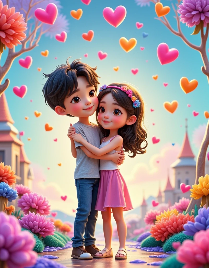 Imagine a charming and whimsical animated scene featuring a couple. Specifically, a boy with dark brown eyes and eyebrows and a girl, who is slightly shorter, with dark brown hair and blonde highlights. The boy is depicted hugging the girl from behind, both of them surrounded by a shower of colorful hearts. The artwork should be in a bold, vibrant, and playful style with a touch of magic, reminiscent of a certain popular 3D animation style.